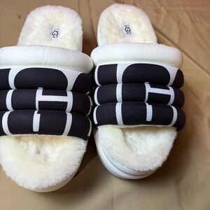 UGG Cream and Black Plush Slippers